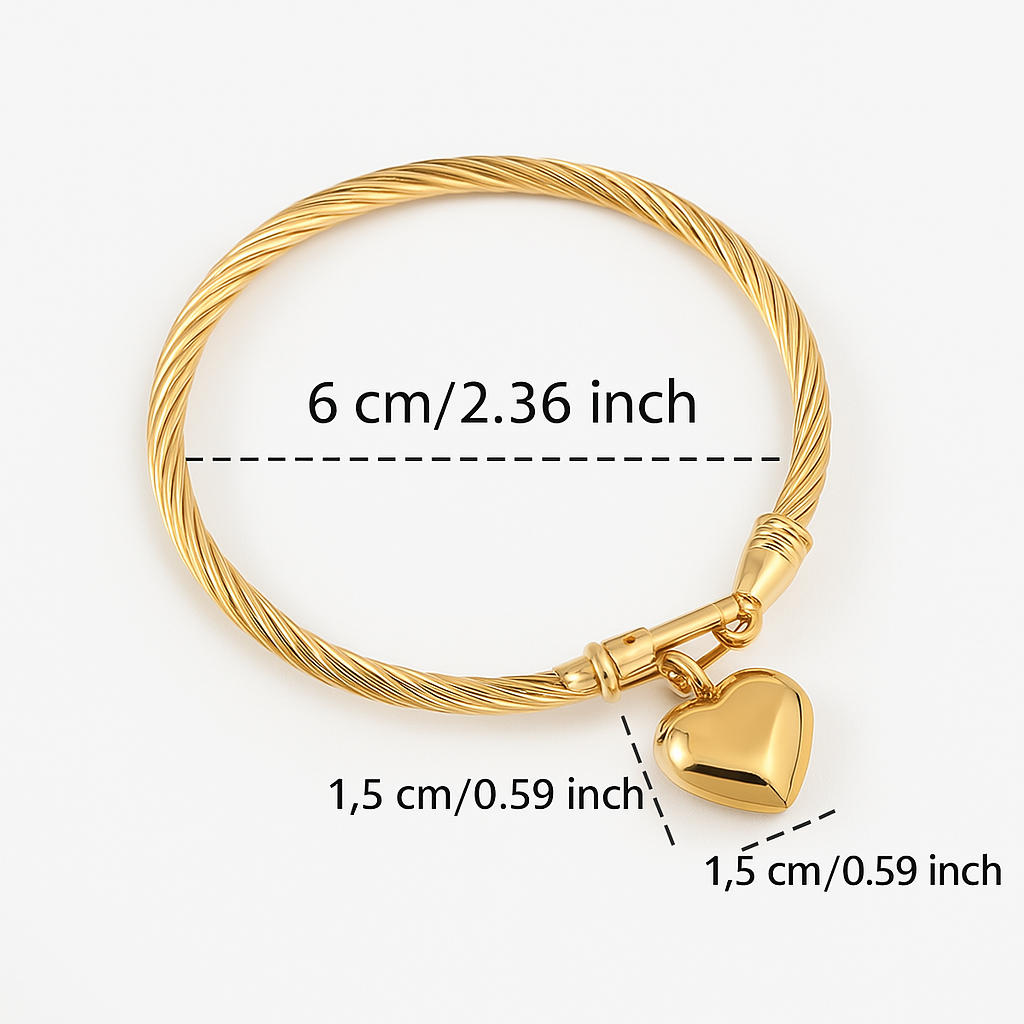 18K Gold Heart Pendant Charm Bangle