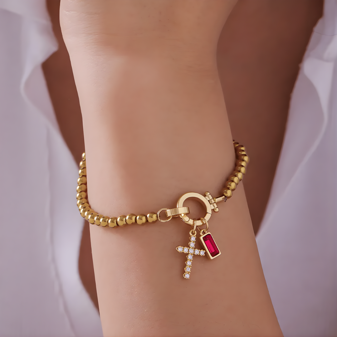 Cross Charm Birthstone Bracelet